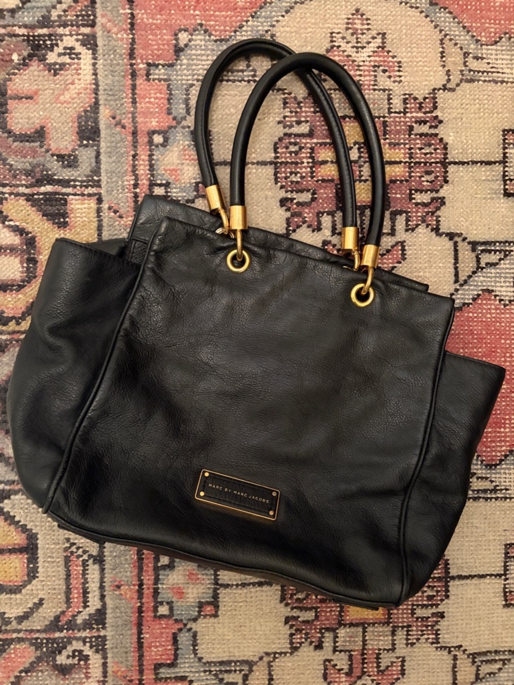 Marc By Marc Jacobs Black Leather Top-Handle Tote Bag with Gold Accents